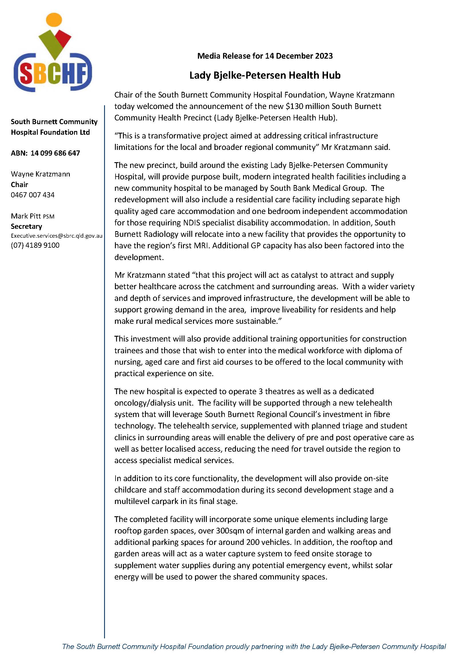 South Burnett Community Hospital Foundation Ltd - Media Release for 14 December 2023 