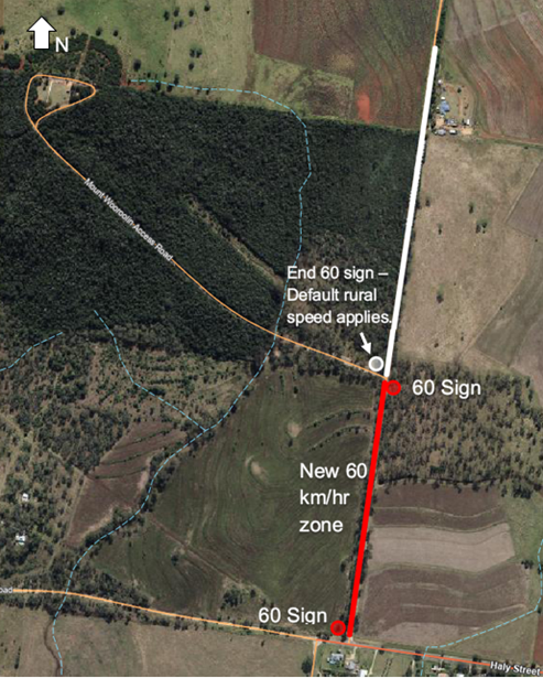 Change of speed limit on mount wooroolin road map