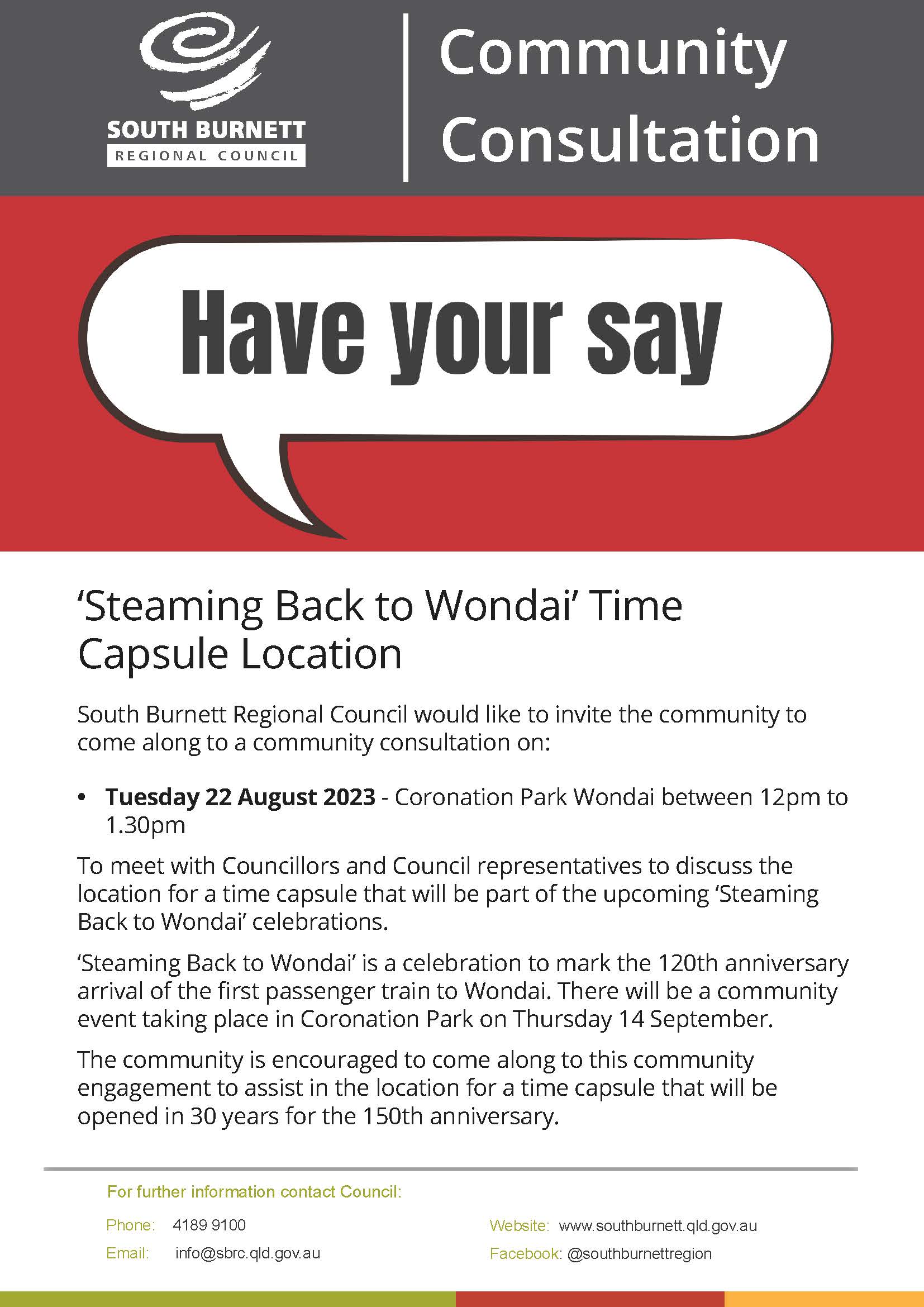 Flyer steaming back to wondai time capsule community consultation