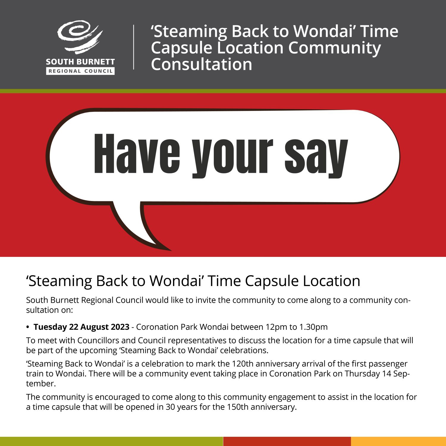 Flyer resized media tile steaming back to wondai time capsule community consultation